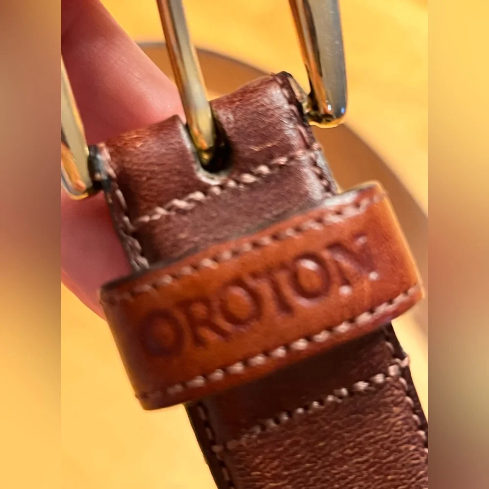 Oroton Brown Leather Belt Australian made size M brass buckle vintage statement